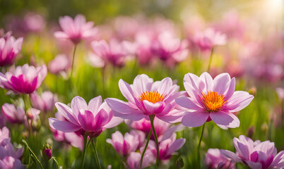 Sunny spring field: Vibrant flowers under the sun