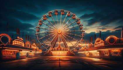 A panoramic view of a carnival scene at twilight