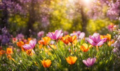Obraz premium Sunny spring field: Vibrant flowers under the sun