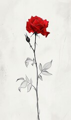 A minimalist wedding invitation with a clean white background, a single red rose illustration, simple line art