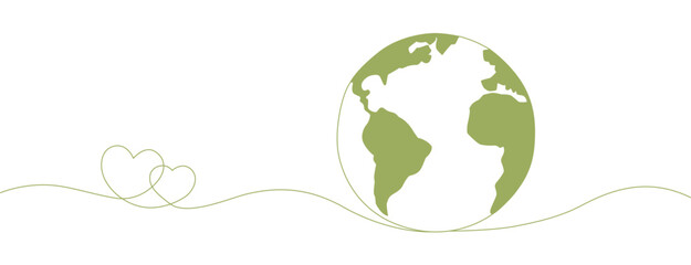Happy earth day banner by green continuous single line drawing heart embrace and world map isolated on white background for banner in concept environment, ecology, eco friendly - obrazy, fototapety, plakaty