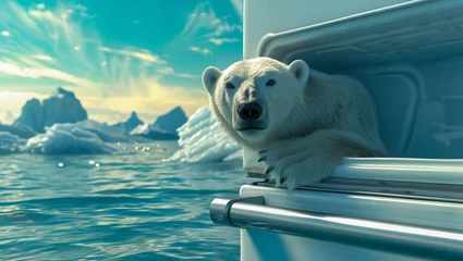 Fototapeten Provocative depiction of a polar bear attempting to cool off in a refrigerator due to climate change and ongoing global warming © Erich