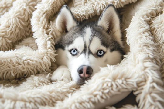 cute huski under the warm blanket indoor.
