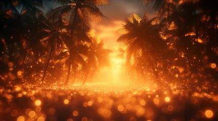 Rolgordijnen palm branches in the rays of the yellow sun. Generative AI © Dzmitry