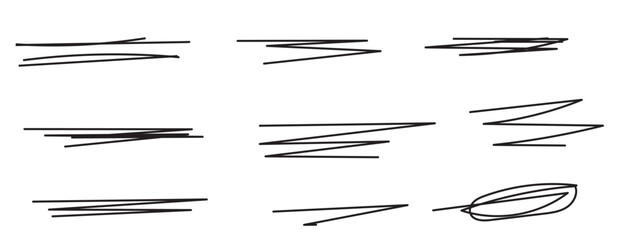 Collection of Doodle Style Strikethrough Lines. Various Hand Drawn Emphasis Elements, Underlines, Marker or Ball Pen Lines, and Crossed Scribble Stripes