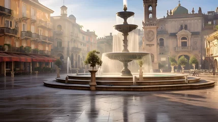 Poster Im Rahmen Genoa, Italy Plaza and Fountain in the Morning  © Ziyan Yang