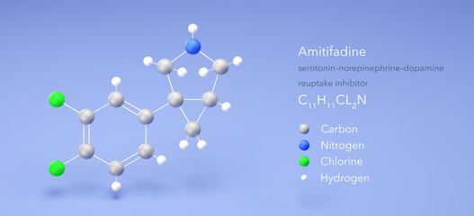 amitifadine molecule, molecular structures, eb-1010, 3d model, Structural Chemical Formula and Atoms with Color Coding