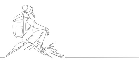 Woman tourist hiking backpack picnic mountains one continous line art style vector illustration