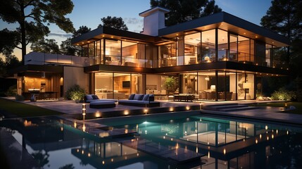 Naklejka premium view of a modern villa and a luxurious infinity pool with a sunset reflection. 3D Illustration