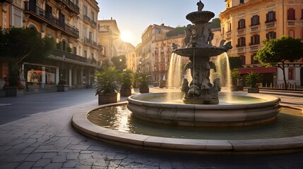 Fototapeta na wymiar Genoa, Italy Plaza and Fountain in the Morning 