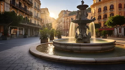 Papier Peint photo Lavable Ligurie Genoa, Italy Plaza and Fountain in the Morning 