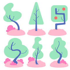 color vector illustration with different types and shapes of trees, in flat color