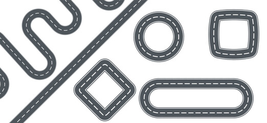 Asphalt road plan parts vector template. A set of race tracks