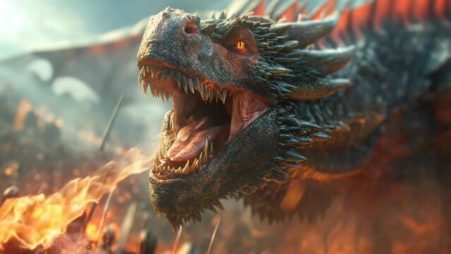Fantasy war of humans against dragons, mighty dragon rages and spews fire That burns. seamless looping 4k time-lapse animation video background