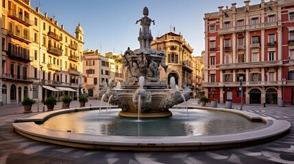 Genoa, Italy Plaza and Fountain in the Morning
