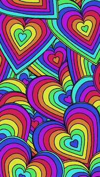 Looped cartoon abstract background of overlapping concentric hearts with rainbow colors in vertical composition format.
