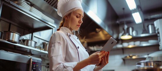 woman chef using a computer tablet while working in the industrial kitchen.