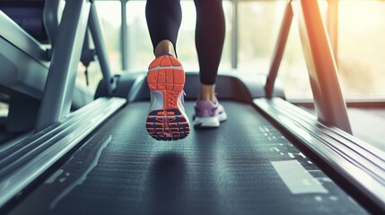 Close-up view woman feet wearing sneakers running on treadmill at fitness gym