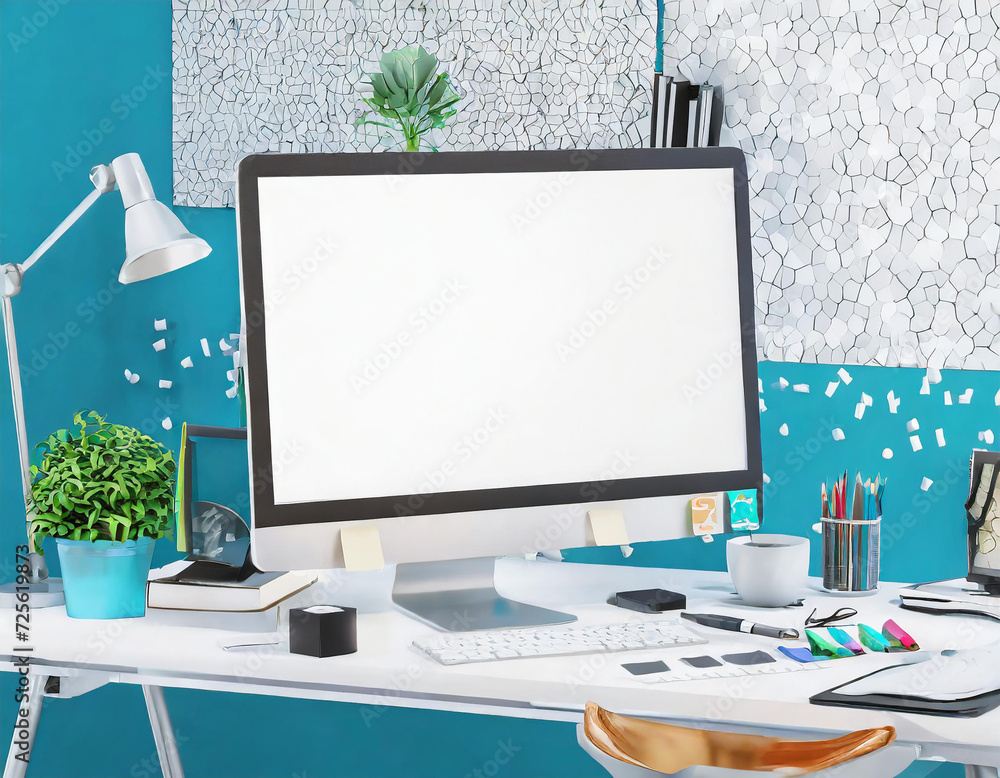 Poster modern designer office desktop with empty white mock up computer monitor, supplies and other items. 