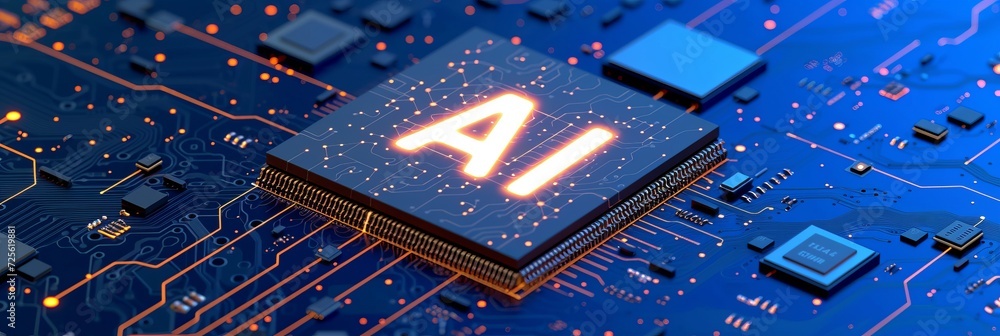 Poster shining ai icon on cpu with interactive holographic security elements for data protection