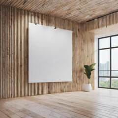 Minimalist gallery space featuring a large white poster on wooden wall, sleek design elements. Exhibition concept. 3D Rendering