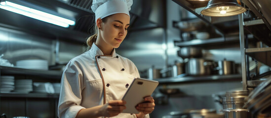 woman chef using a computer tablet while working in the industrial kitchen.