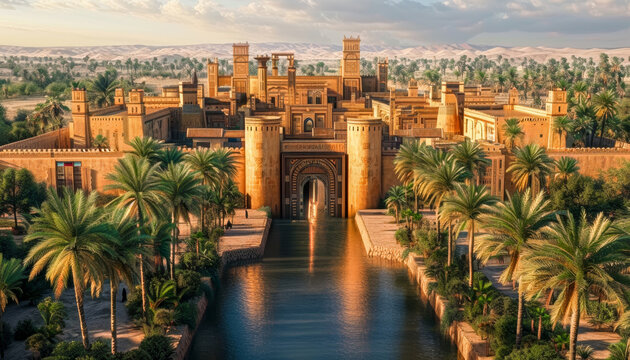 Aerial view of the city of Babylon in biblical times Generative AI Illustration