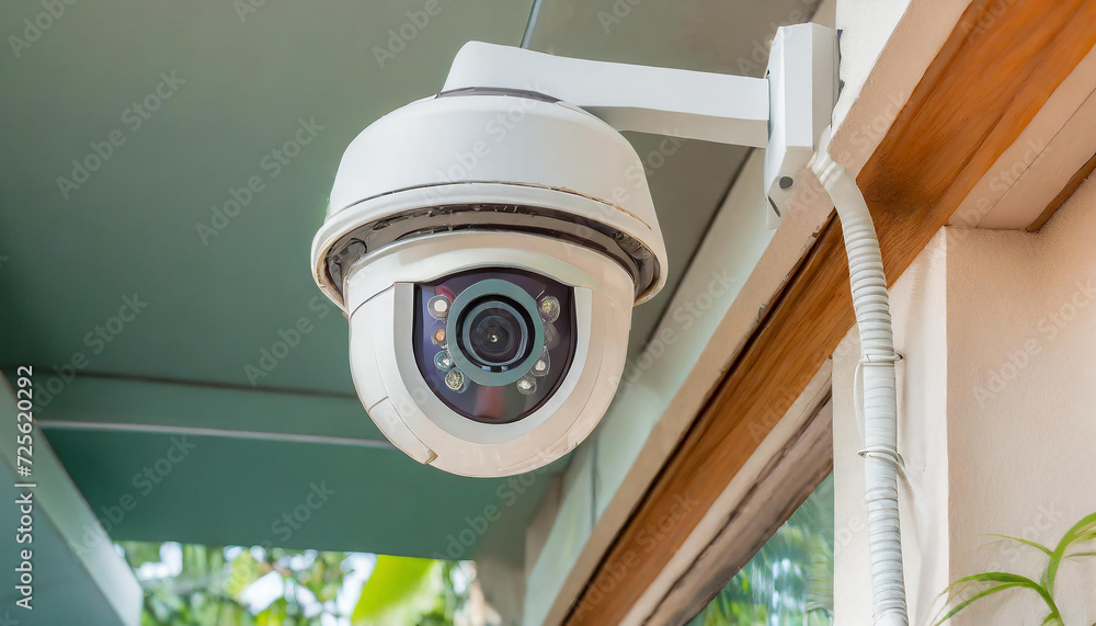Poster The CCTV security camera, using for recording and monitoring the criminals scene that installed on the building interior. Generative Ai image.