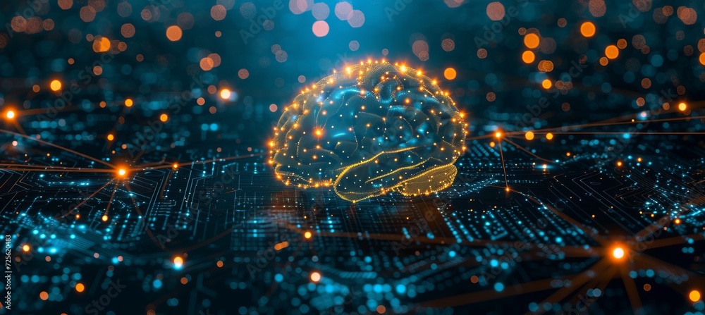 Poster interactive holographic brain icon on cpu with security elements and text placement space
