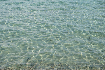Clear shallow blue sea, ripple transparent sparkle water surface background texture. Greece. Space