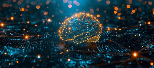 Interactive holographic brain icon on cpu with security elements and text placement space