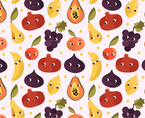 Vector seamless pattern Cartoon fruit character set. Funny emoticon in flat style. Vector illustration.