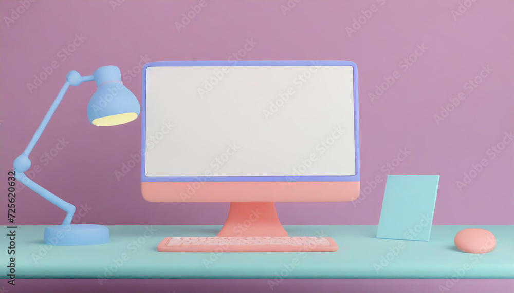 Poster 3d minimal desktop with blank screen mockup, empty screen for text, and logo replacement concept. 3d