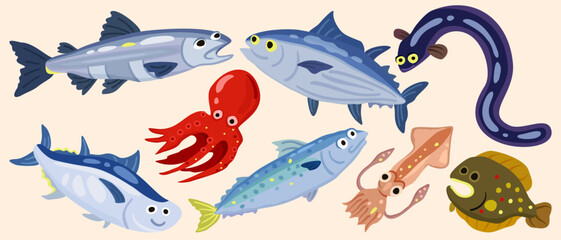 Vector cute set of marine animals. Salmon, bonito, freshwater eel, tuna, octopus, mackerel, squid, flounder.