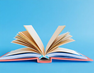Fototapeta premium 3D Open book on blue background, Online education or e-learning concept, online tutorials course. 3d render illustration