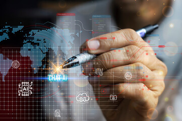 Ai tech, businessman show virtual graphic Global Internet connect Chatgpt Chat with AI, Artificial...
