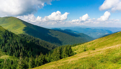 Naklejka premium Beautiful mountain landscape with green forest. Carpathians, Ukraine.Beautiful mountain landscape with green forest. Carpathians, Ukraine.