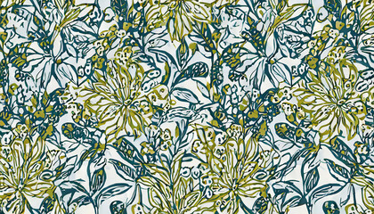 bicolor contour silhouette seamless pattern with flowers and leaves. Abstract floral spring, summer pattern.