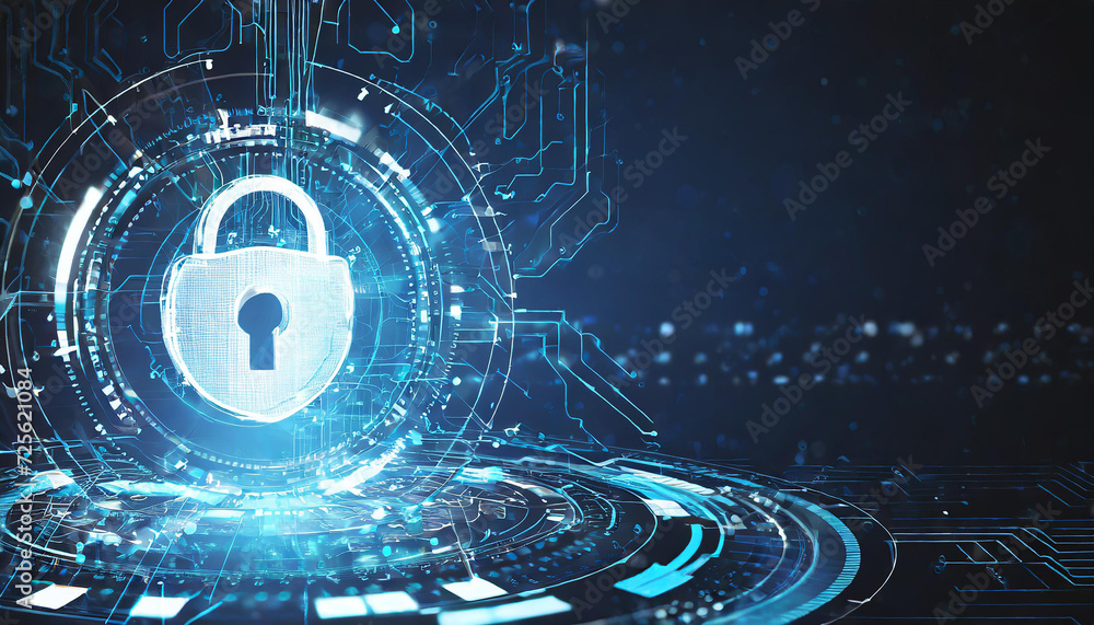 Poster creative glowing round padlock hologram with circuit on blue background with mock up place. secure, 