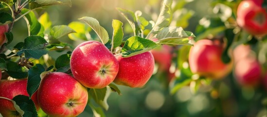 Obraz premium Abundant red apples growing on an apple tree.