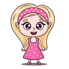 Little doll girl in pink dress cute character
