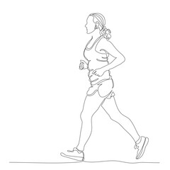 Woman jogging. Side view. Continuous line drawing. Hand drawn black and white vector illustration in line art style.