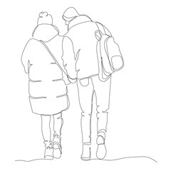 Couple walking away. Wear winter warm clothes. Continuous line drawing. Hand drawn black and white vector illustration in line art style.