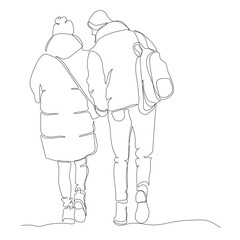 Couple walking away. Wear winter warm clothes. Continuous line drawing. Hand drawn black and white vector illustration in line art style.