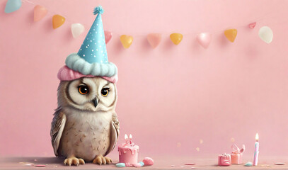 A cute little birthday owl with birthday cap celebrating his birthday, symbol of love. Pastel, creative, animal concept. Birthday party for owls. Illustration