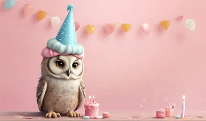 Zelfklevend Fotobehang A cute little birthday owl with birthday cap celebrating his birthday, symbol of love. Pastel, creative, animal concept. Birthday party for owls. Illustration © Xabi