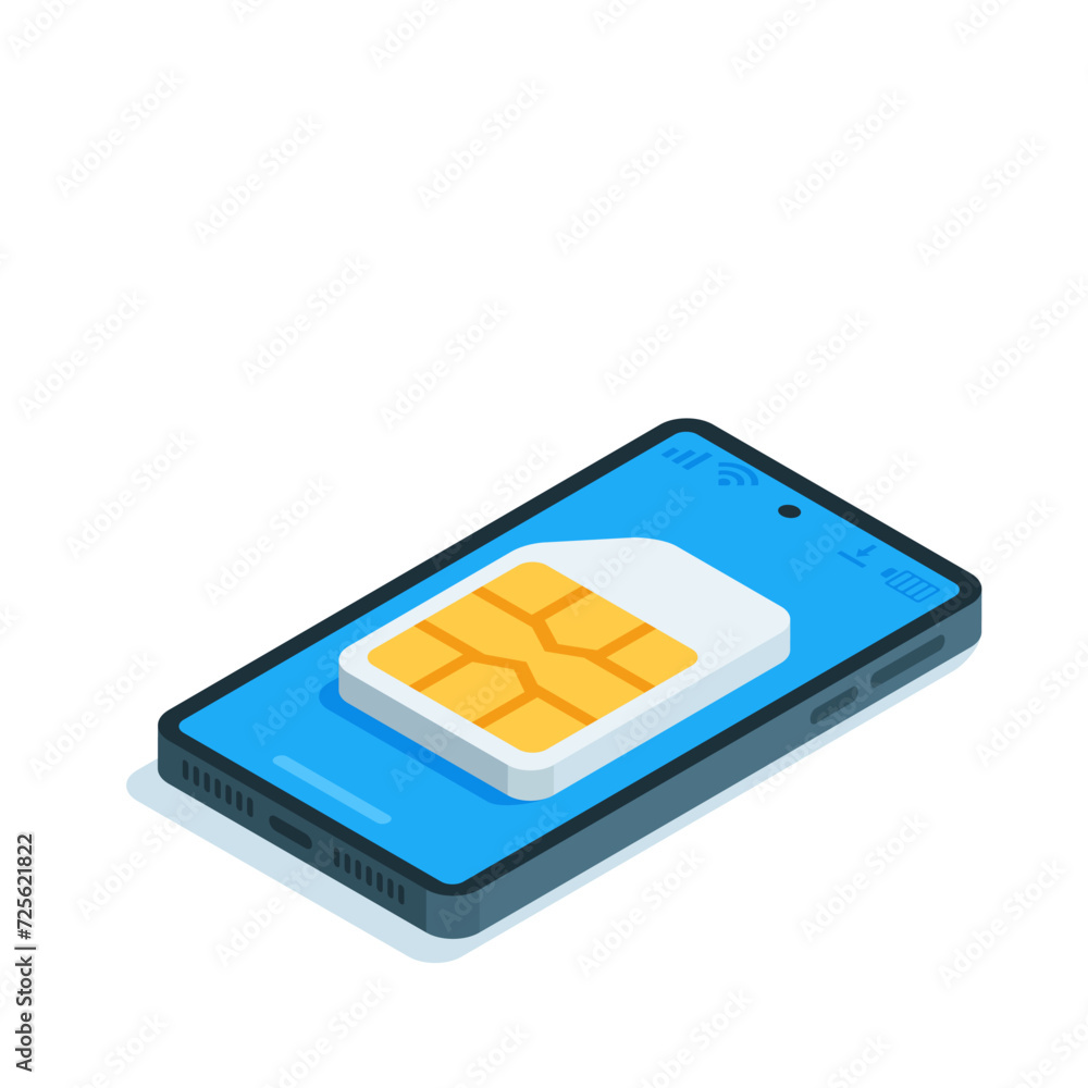 Poster isometric sim card on a smartphone screen, in color on a white background, mobile operator or cellul