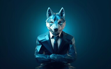 man folding hands career concept wearing vest mask polygonal wolf isolated blue background. generative ai