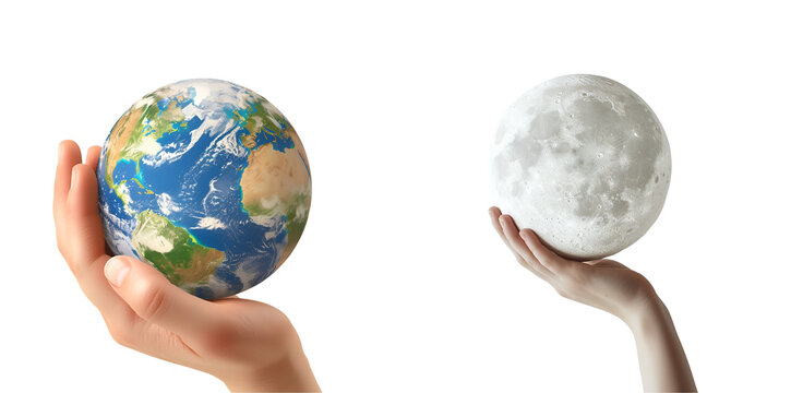 Set of Earth and Moon in hand, hand securing the globe and its satellite, Isolated on Transparent Background, PNG