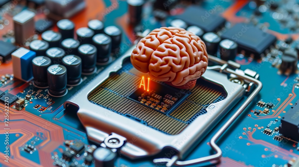Poster futuristic holographic human brain floating above a computer cpu with a shining ai icon.